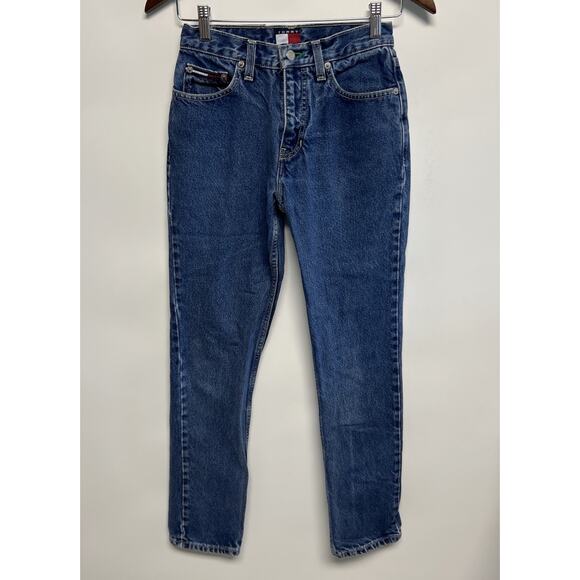 Early 90s TOMMY HILFIGER Jeans 26x29.5 Slim Big Patch Logo 1990s Denim Vintage - Picture 2 of 15